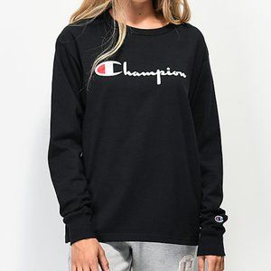 Champion Flock Script White & blk longslv t-shirt.